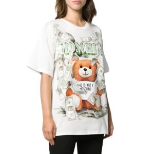 Áo Phông Nữ Màu Trắng Size XXS Dollar Teddy Bear Print Jersey Oversized TShirt Moschino