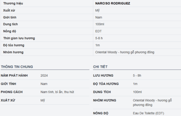 Chi Tiết Nước Hoa Nam Narciso Rodriguez Vetiver Musc For Him EDT 100ml